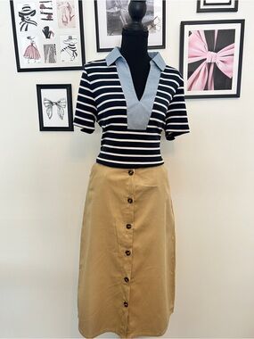 Beige Button-Front Midi Skirt with Pockets
